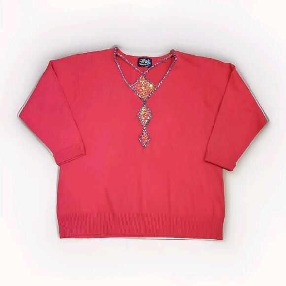 BOB MACKIE Red Wearable Art Diamond Cut Out Sequin Beaded Sweater Women Size L - Picture 1 of 4